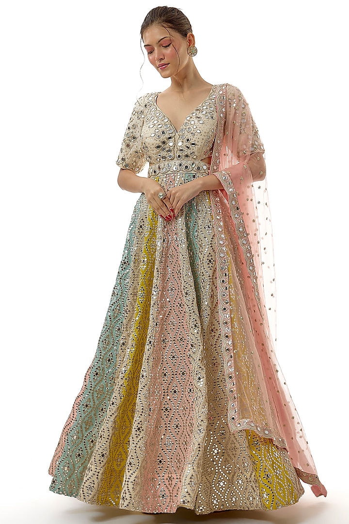 Multi-Colored Tussar Mirror Embellished Bridal Anarkali With Dupatta by GOPI VAID at Pernia's Pop Up Shop
