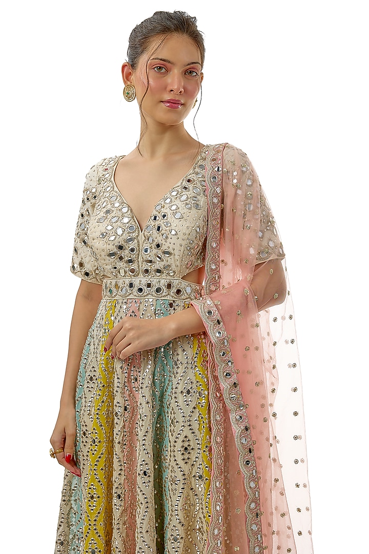 Multi-Colored Tussar Mirror Embellished Bridal Anarkali With Dupatta by GOPI VAID at Pernia's Pop Up Shop