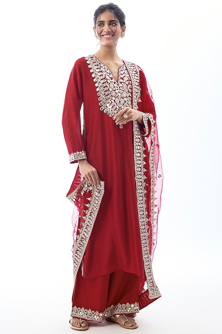 Red Tussar Embroidered Kurta Set by GOPI VAID at Pernia's Pop Up Shop