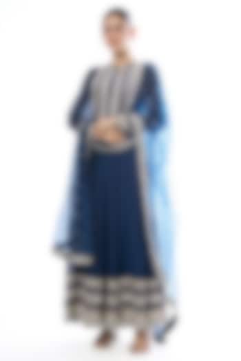 Blue Georgette Mirror Embroidered Wedding Anarkali Set by GOPI VAID at Pernia's Pop Up Shop