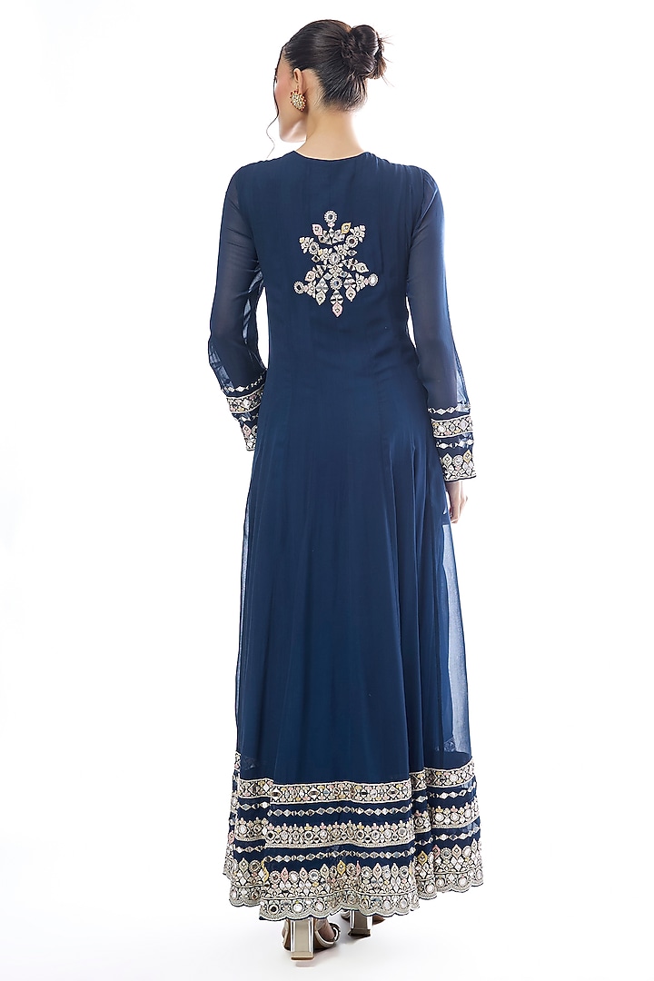 Blue Georgette Mirror Embroidered Wedding Anarkali Set by GOPI VAID at Pernia's Pop Up Shop