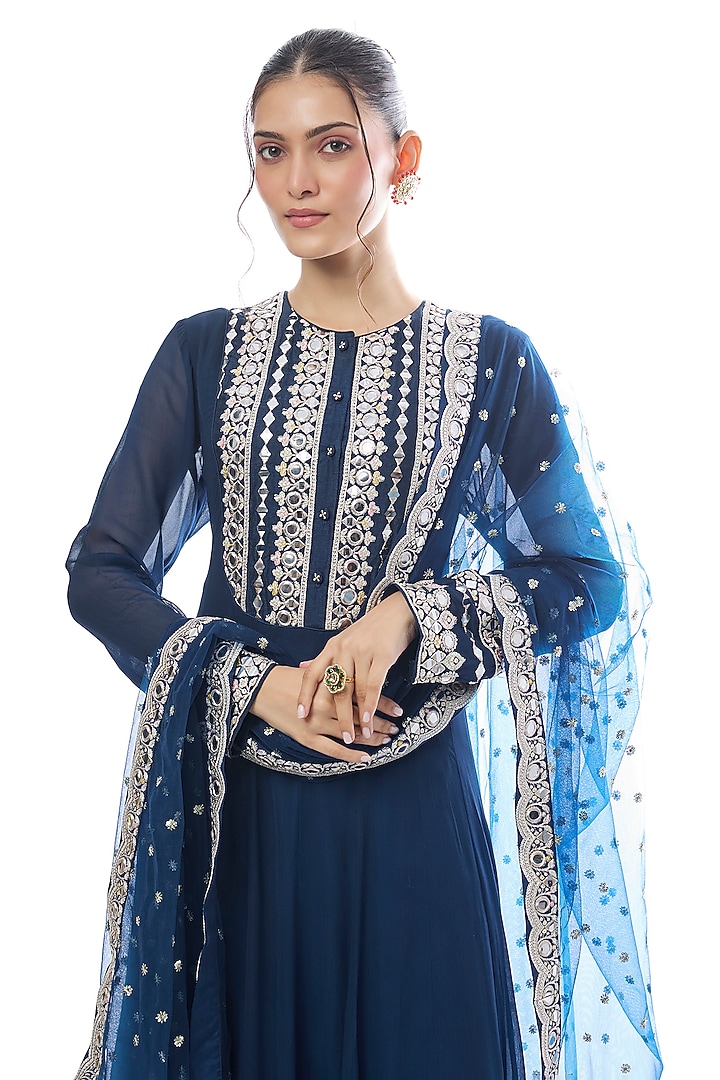 Blue Georgette Mirror Embroidered Wedding Anarkali Set by GOPI VAID at Pernia's Pop Up Shop