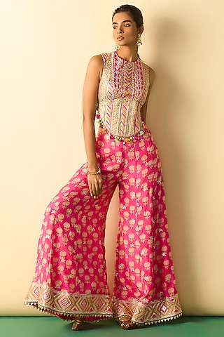 Pink Cotton Silk Block Printed Wide-Leg Pant Set by GOPI VAID