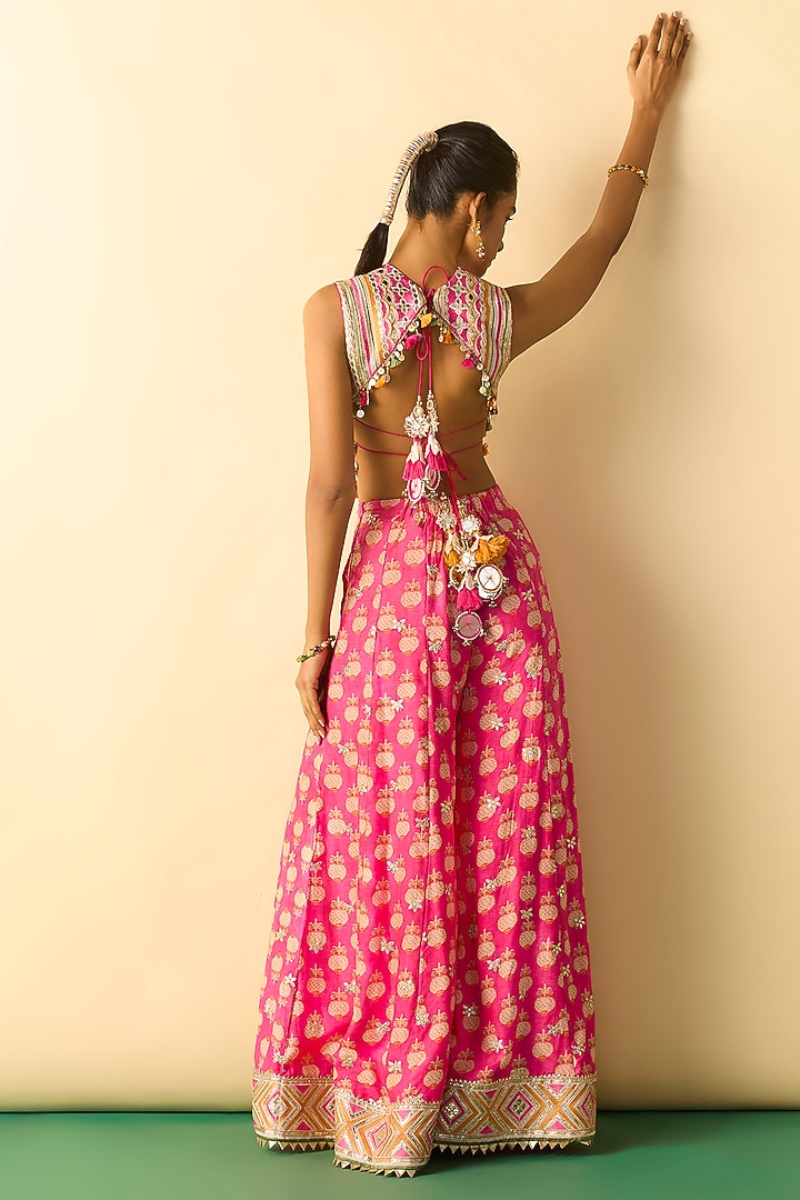 Pink Cotton Silk Block Printed Wide-Leg Pant Set by GOPI VAID at Pernia's Pop Up Shop
