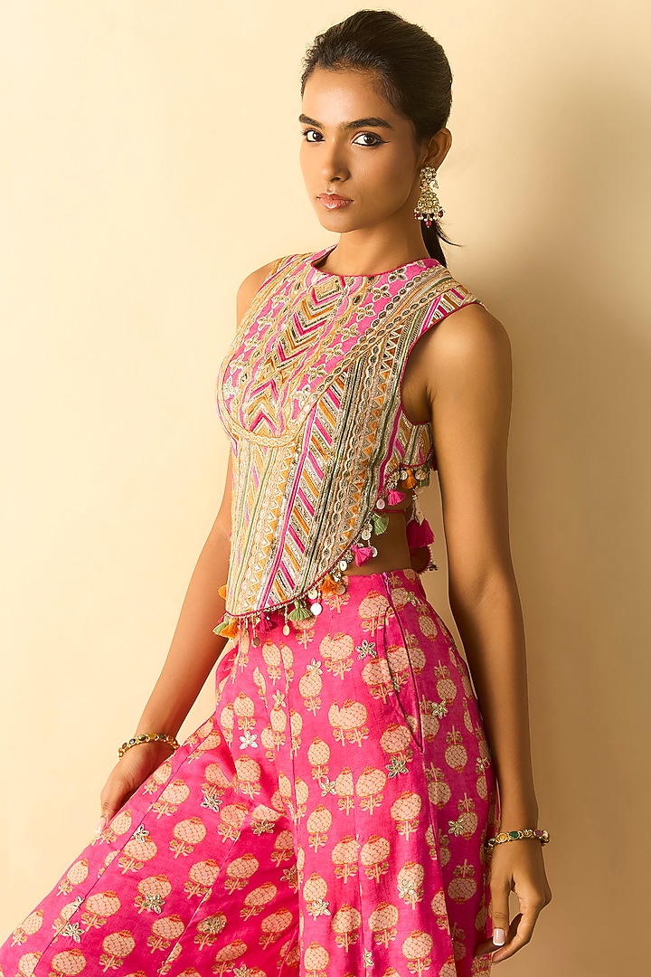 Pink Cotton Silk Block Printed Wide-Leg Pant Set by GOPI VAID at Pernia's Pop Up Shop
