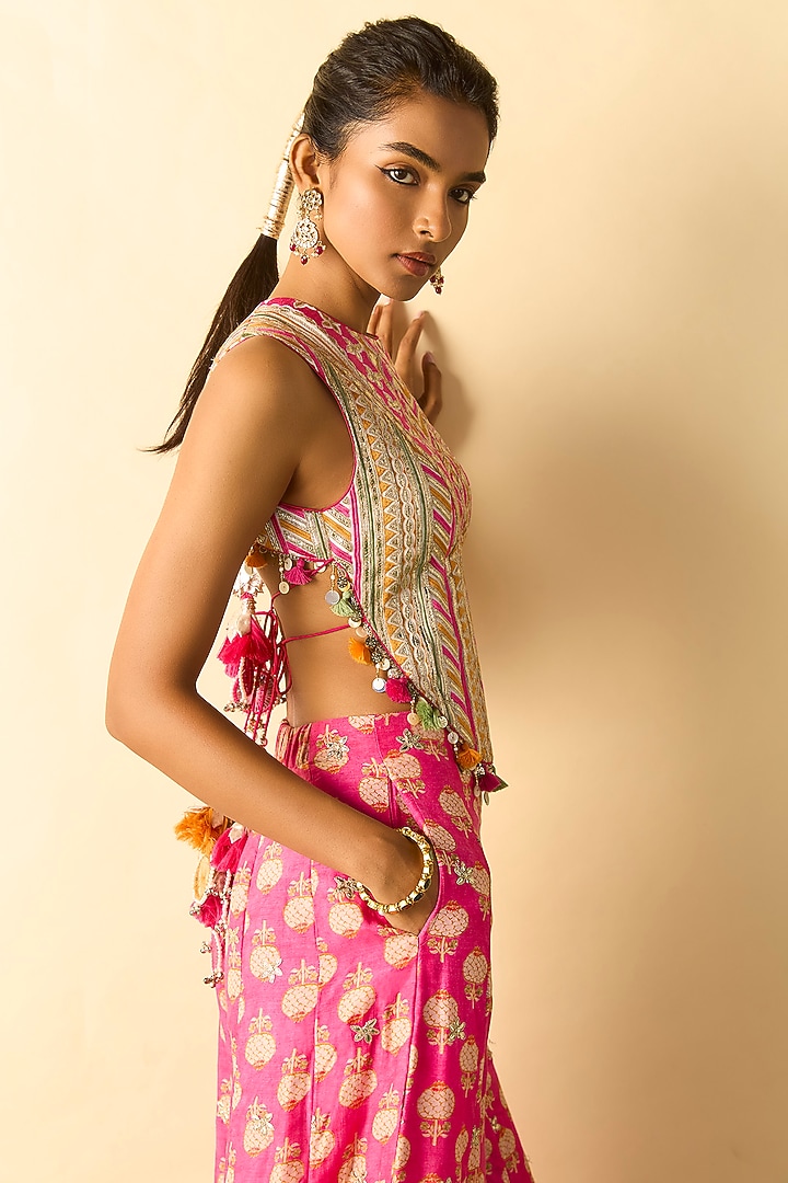 Pink Cotton Silk Block Printed Wide-Leg Pant Set by GOPI VAID at Pernia's Pop Up Shop