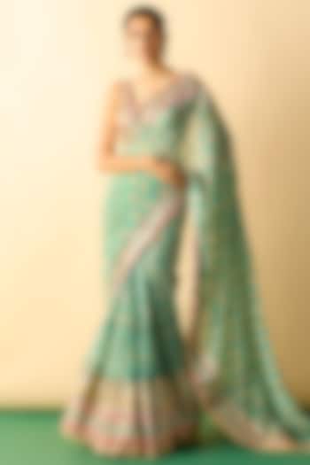 Aqua Georgette Block Printed Skirt Wedding Saree Set by GOPI VAID at Pernia's Pop Up Shop