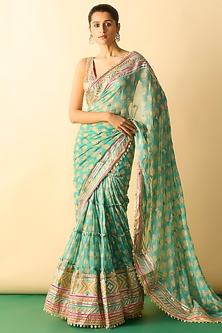 Aqua Georgette Block Printed Skirt Saree Set by GOPI VAID
