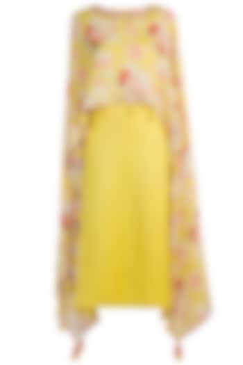 Yellow Embroidered & Printed Cape Dress by GOPI VAID