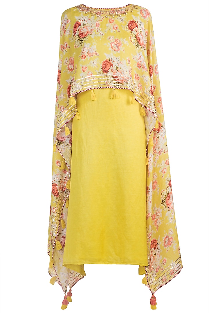 Yellow Embroidered & Printed Cape Dress by GOPI VAID