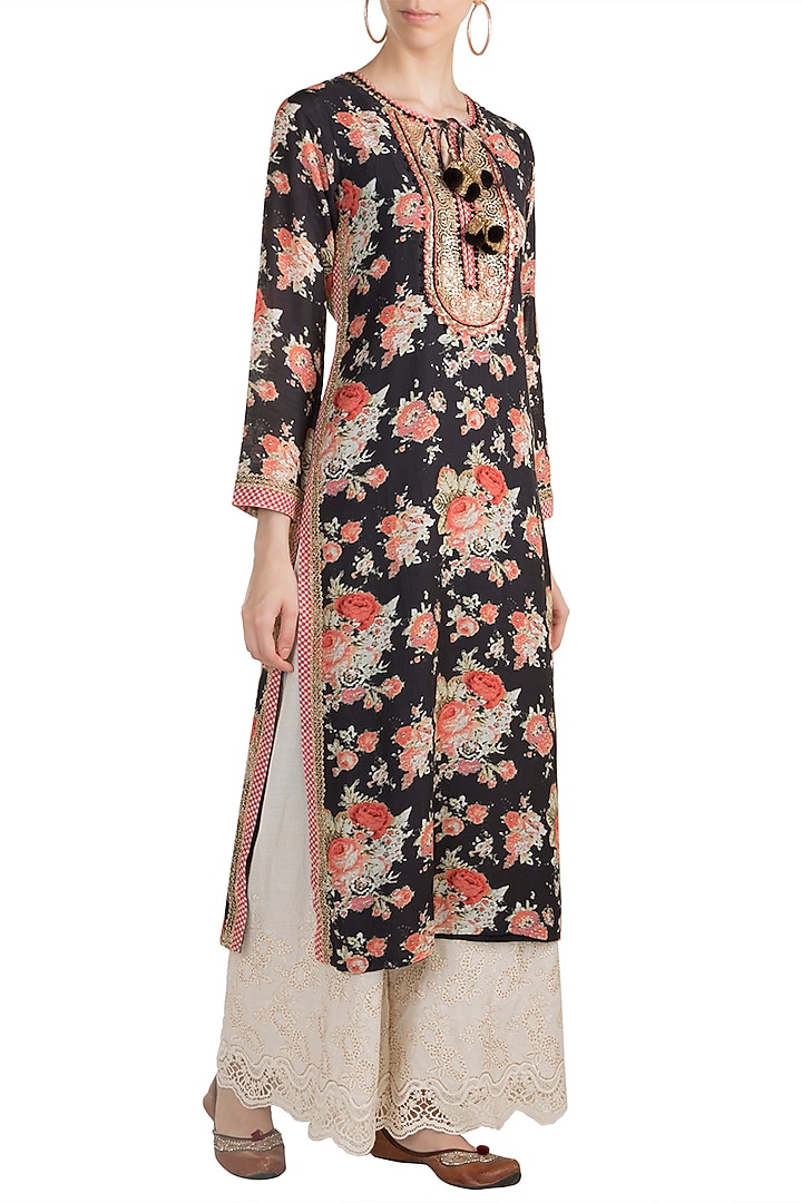 Black Printed & Embroidered Long Tunic by GOPI VAID at Pernia's Pop Up Shop
