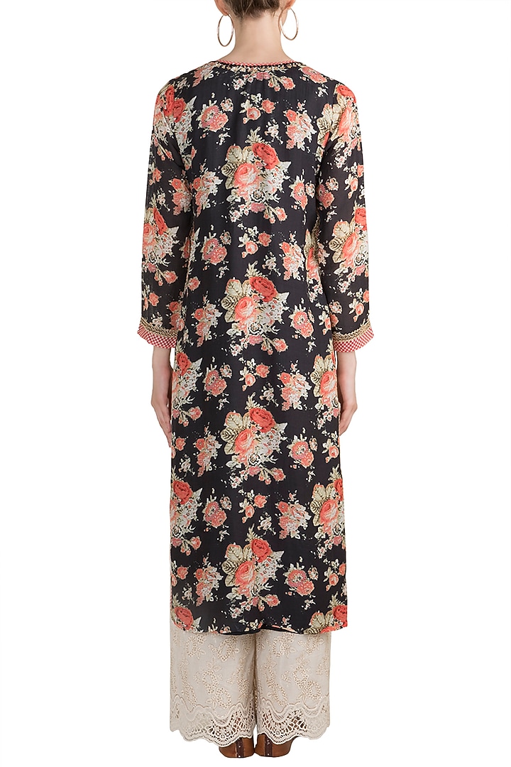 Black Printed & Embroidered Long Tunic by GOPI VAID at Pernia's Pop Up Shop