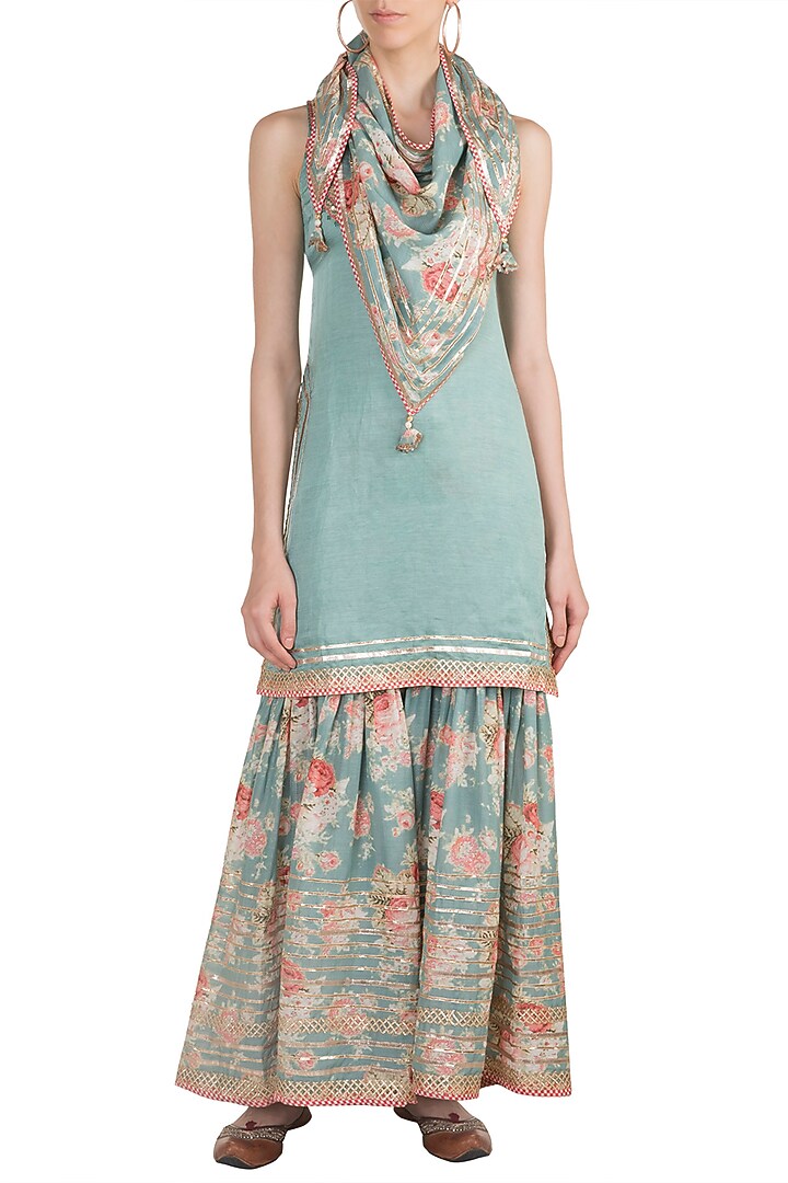 Teal Blue Embroidered & Printed Wedding Sharara Set by GOPI VAID at Pernia's Pop Up Shop
