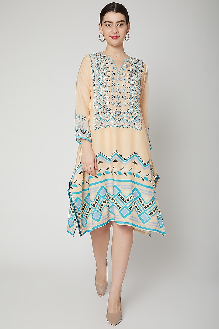 Beige Embroidered & Printed Kaftan Tunic by GOPI VAID