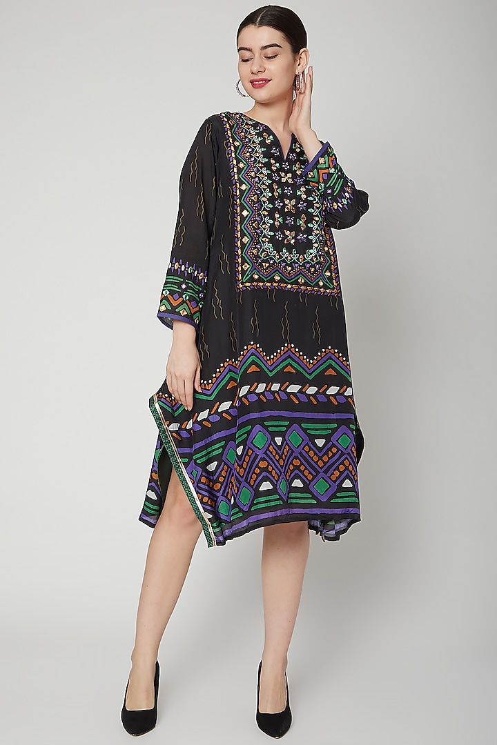 Black Embroidered & Printed Tunic by GOPI VAID