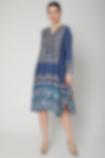 Navy Blue Printed & Embroidered Kaftan Tunic by GOPI VAID