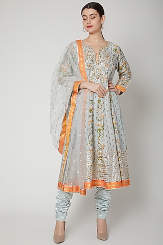 Sky Blue Printed & Embellished Kurta Set by GOPI VAID