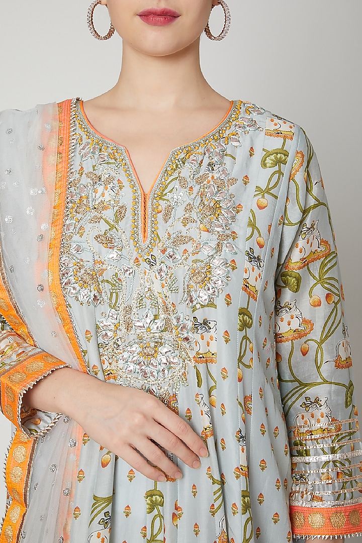 Sky Blue Printed & Embellished Kurta Set by GOPI VAID at Pernia's Pop Up Shop
