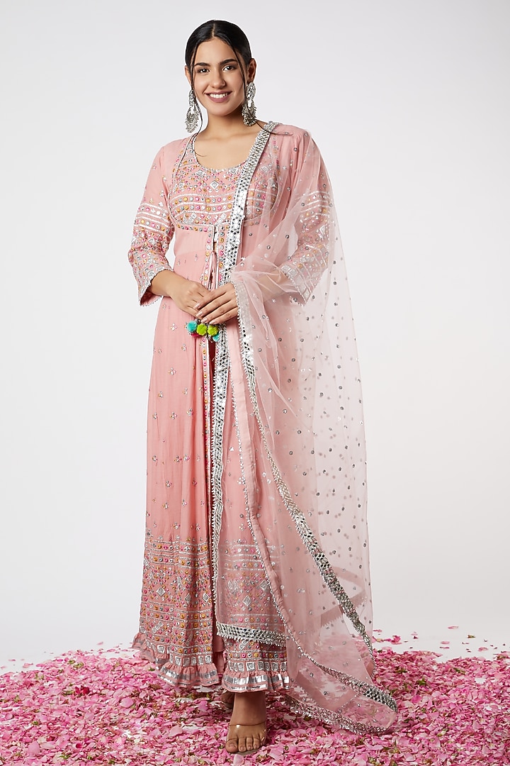 Pink Mirror Embroidered Wedding Anarkali Set by GOPI VAID at Pernia's Pop Up Shop