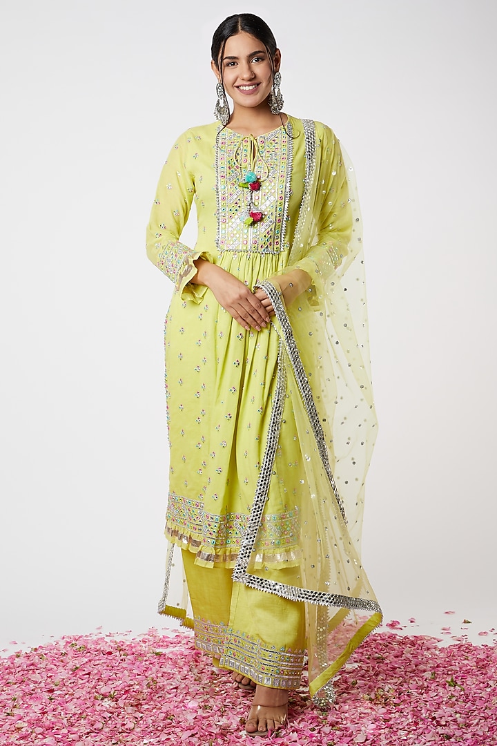 Lime Yellow Embellished Anarkali Set by GOPI VAID