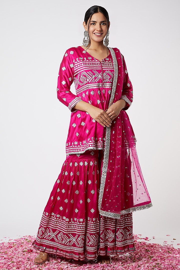 Rani Pink Cotton Mul Applique Embroidered Gharara Set by GOPI VAID