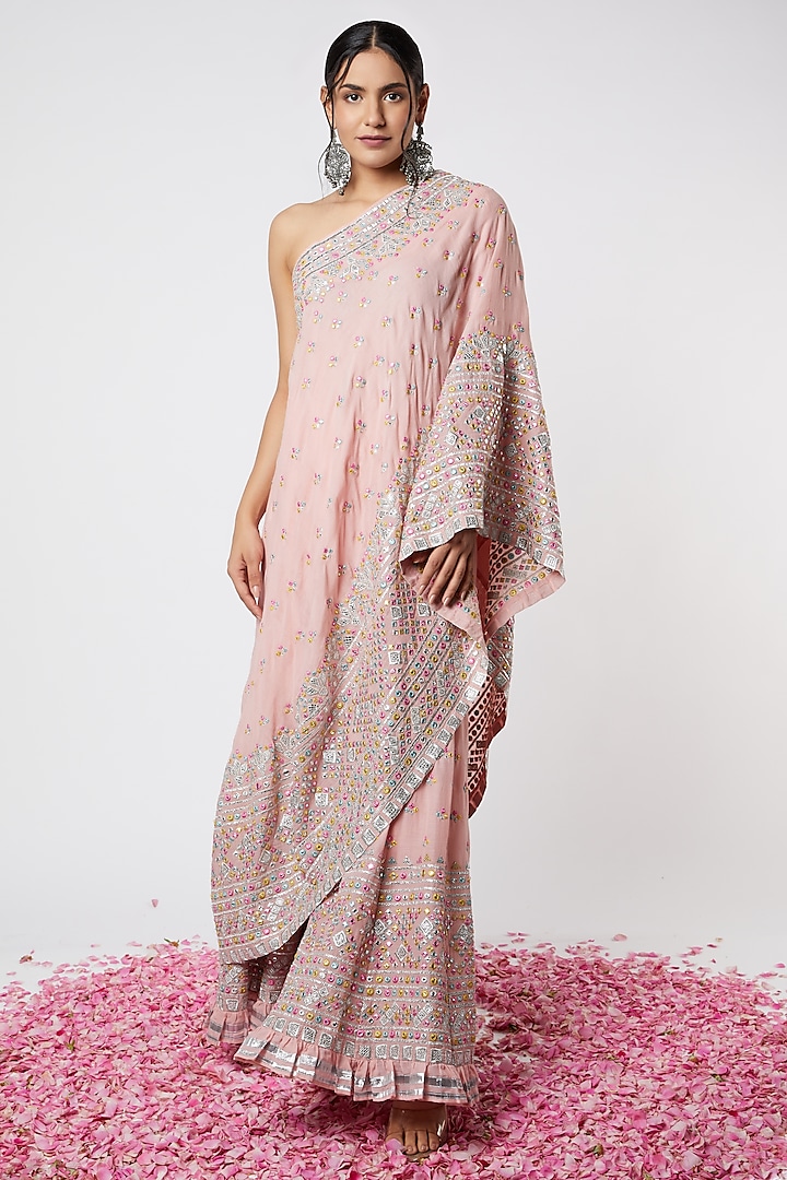 Pink Embroidered Asymmetrical Cape Set by GOPI VAID