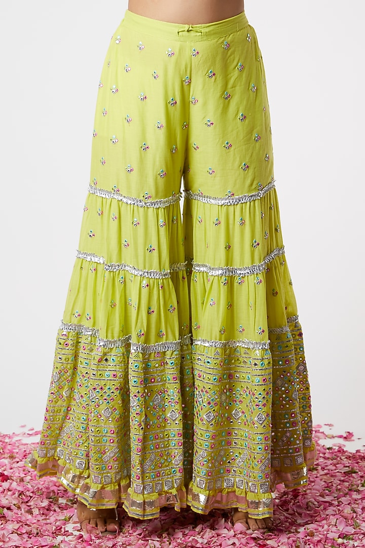 Lime Mirror Embellished Wedding Sharara Set by GOPI VAID at Pernia's Pop Up Shop