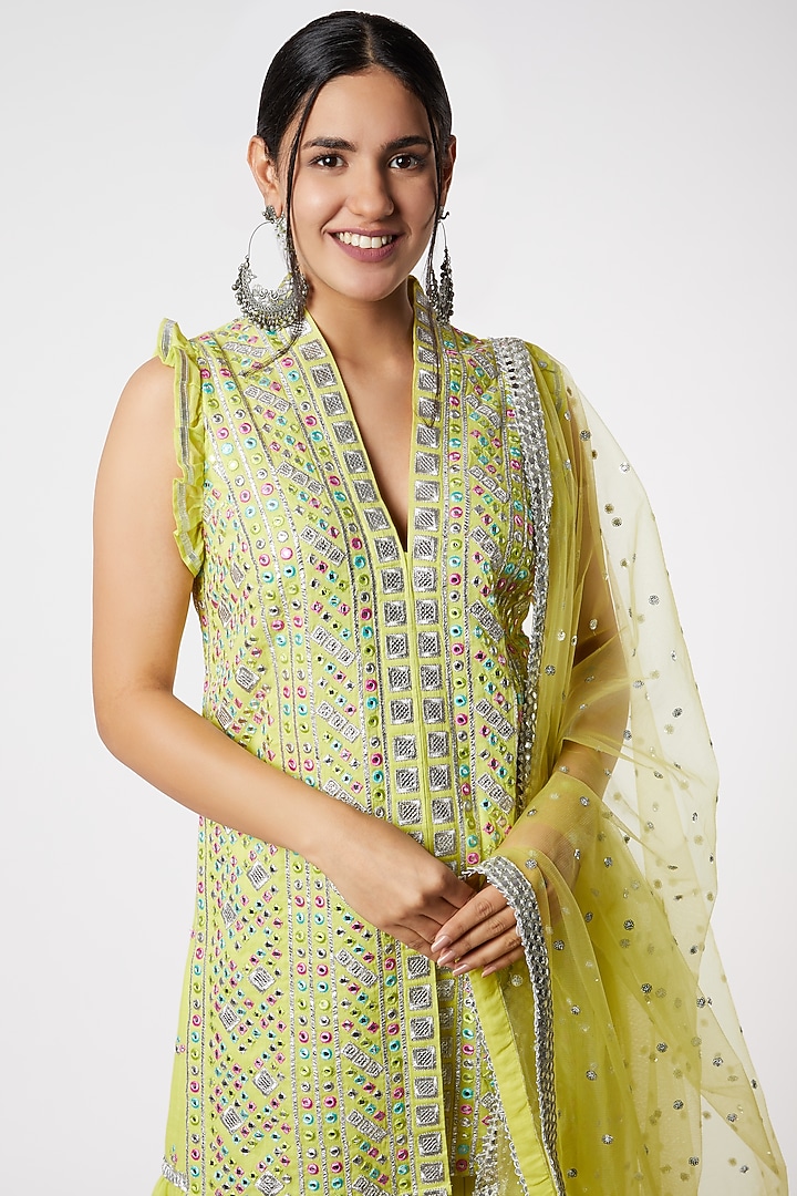 Lime Mirror Embellished Wedding Sharara Set by GOPI VAID at Pernia's Pop Up Shop