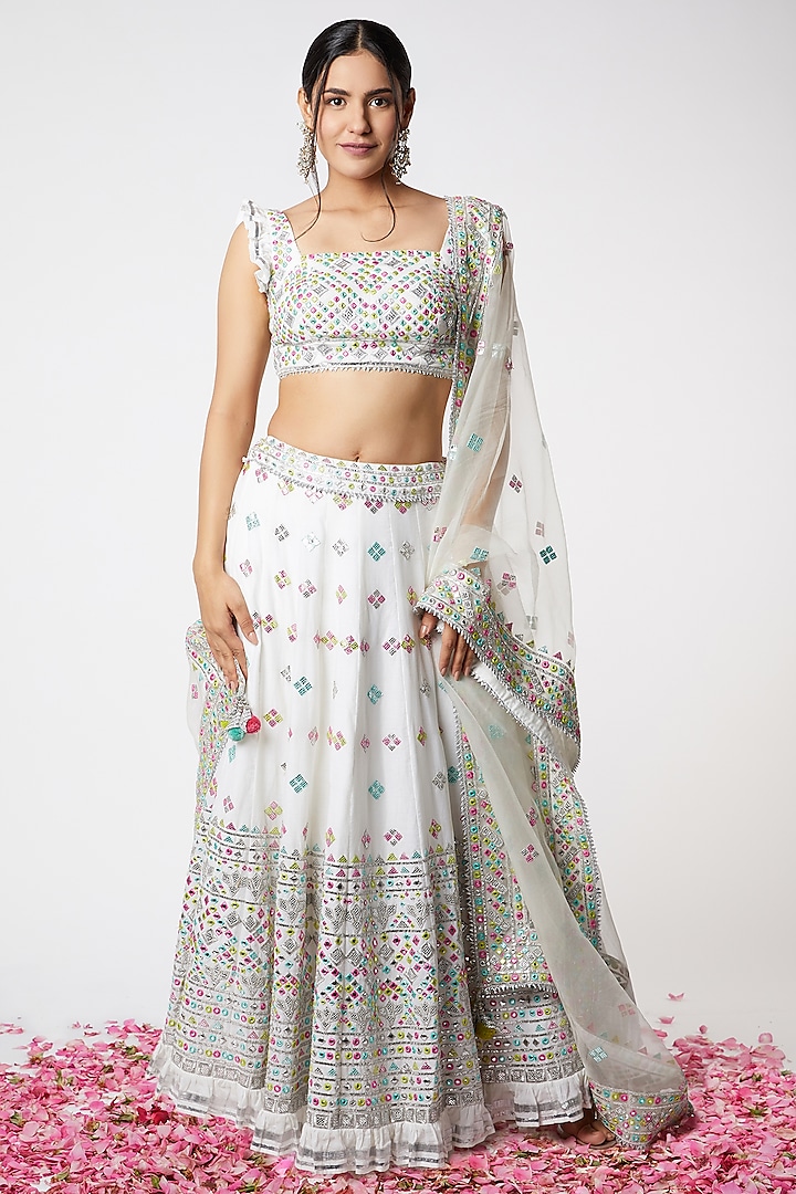 Ivory Applique Embroidered Wedding Lehenga Set by GOPI VAID at Pernia's Pop Up Shop