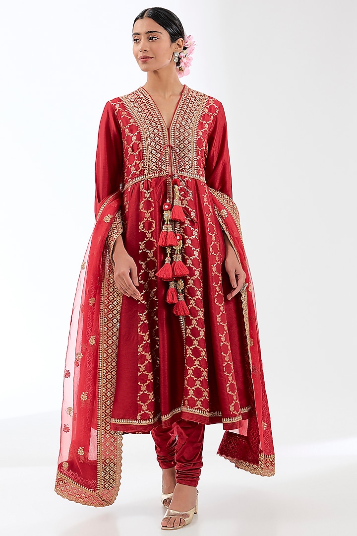 Red Brocade & Tussar Marodi Embroidered Anarkali Jacket Set by GOPI VAID