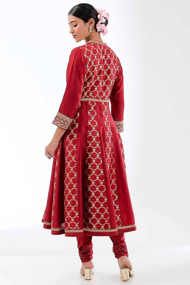Red Brocade & Tussar Marodi Embroidered Wedding Anarkali Jacket Set by GOPI VAID at Pernia's Pop Up Shop