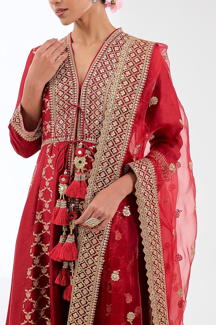 Red Brocade & Tussar Marodi Embroidered Wedding Anarkali Jacket Set by GOPI VAID at Pernia's Pop Up Shop