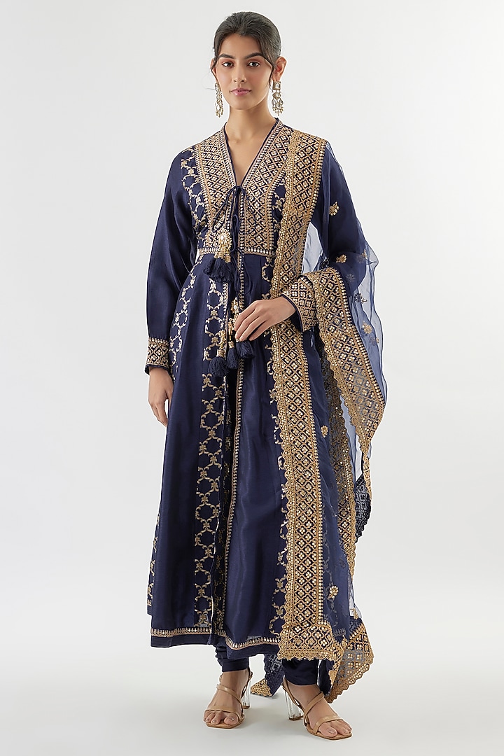 Blue Silk Brocade Marodi Embroidered Wedding Anarkali Set by GOPI VAID at Pernia's Pop Up Shop