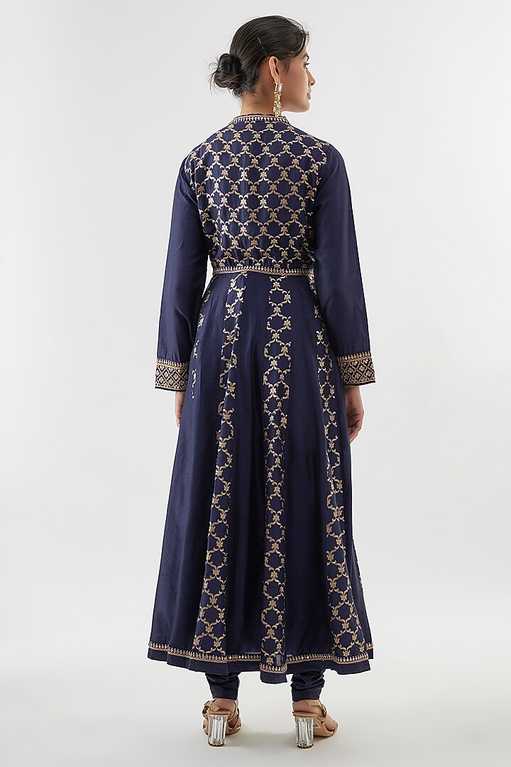 Blue Silk Brocade Marodi Embroidered Wedding Anarkali Set by GOPI VAID at Pernia's Pop Up Shop