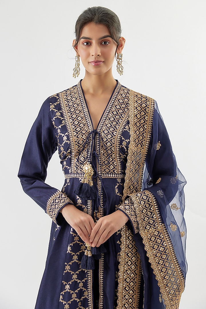 Blue Silk Brocade Marodi Embroidered Wedding Anarkali Set by GOPI VAID at Pernia's Pop Up Shop