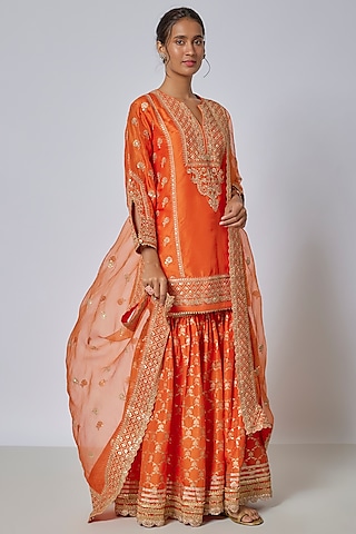 Orange Cotton Silk Brocade Embellished Gharara Set by GOPI VAID