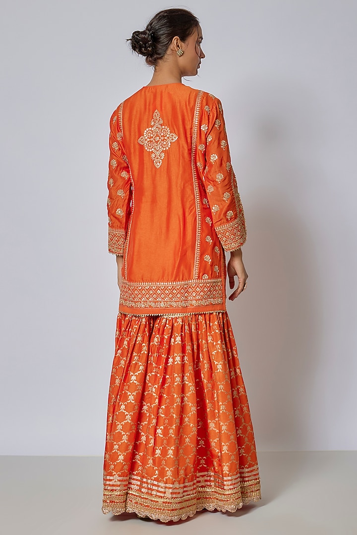 Orange Cotton Silk Brocade Embellished Gharara Set by GOPI VAID at Pernia's Pop Up Shop