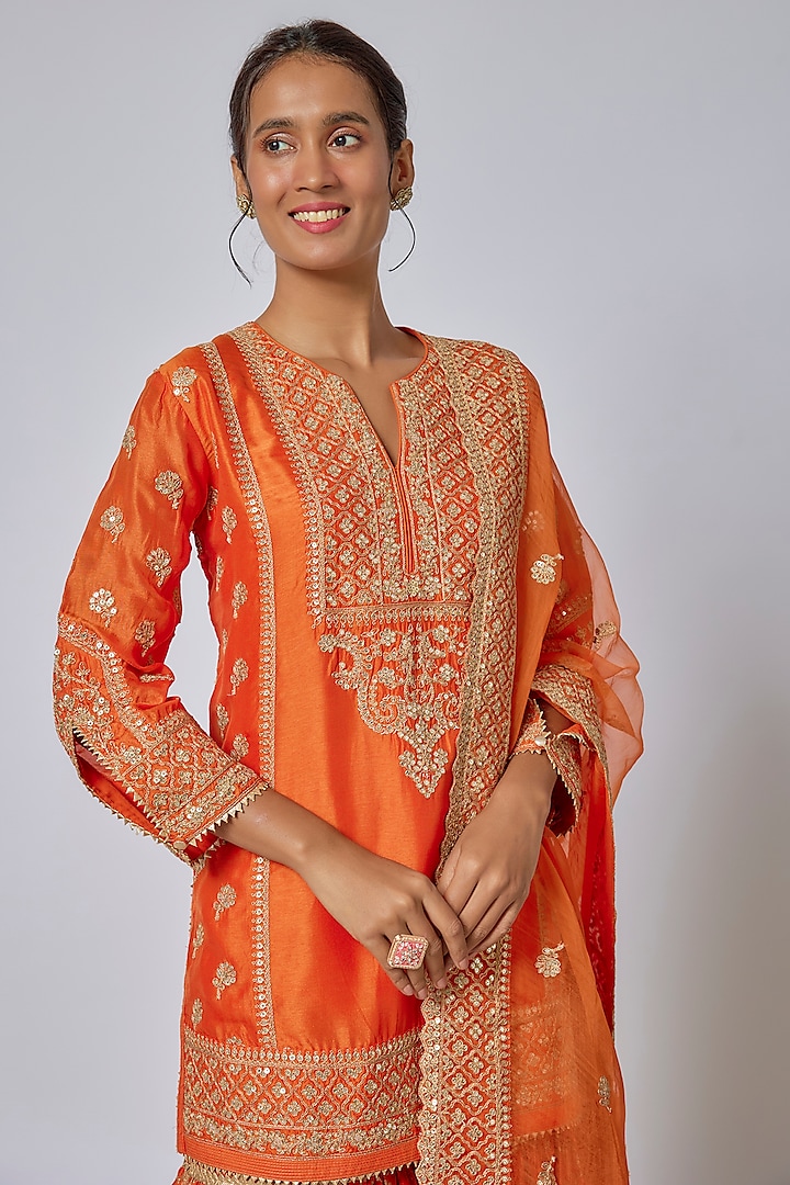 Orange Cotton Silk Brocade Embellished Gharara Set by GOPI VAID at Pernia's Pop Up Shop