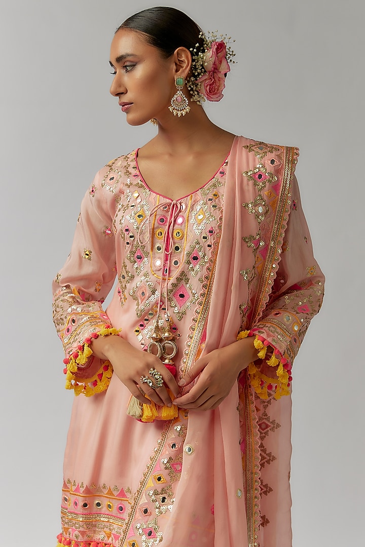 Pink Georgette Hand & Machine Embroidered Wedding Sharara Set by Gopi Vaid at Pernia's Pop Up Shop