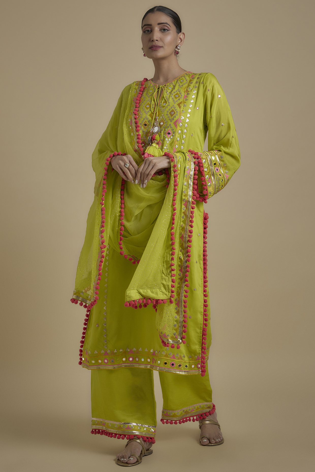 Lime Green Viscose Hand & Machine Embroidered Kurta Set by GOPI VAID at Pernia's Pop Up Shop
