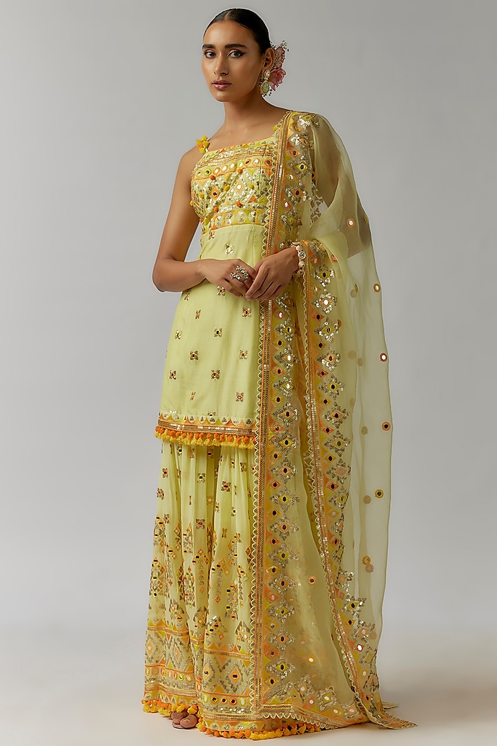 Yellow Georgette Sequins Hand & Machine Embroidered Sharara Set by Gopi Vaid