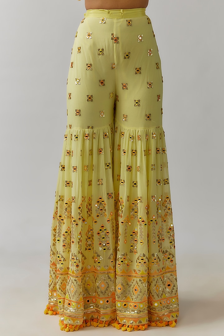 Yellow Georgette Sequins Hand & Machine Embroidered Wedding Sharara Set by Gopi Vaid at Pernia's Pop Up Shop