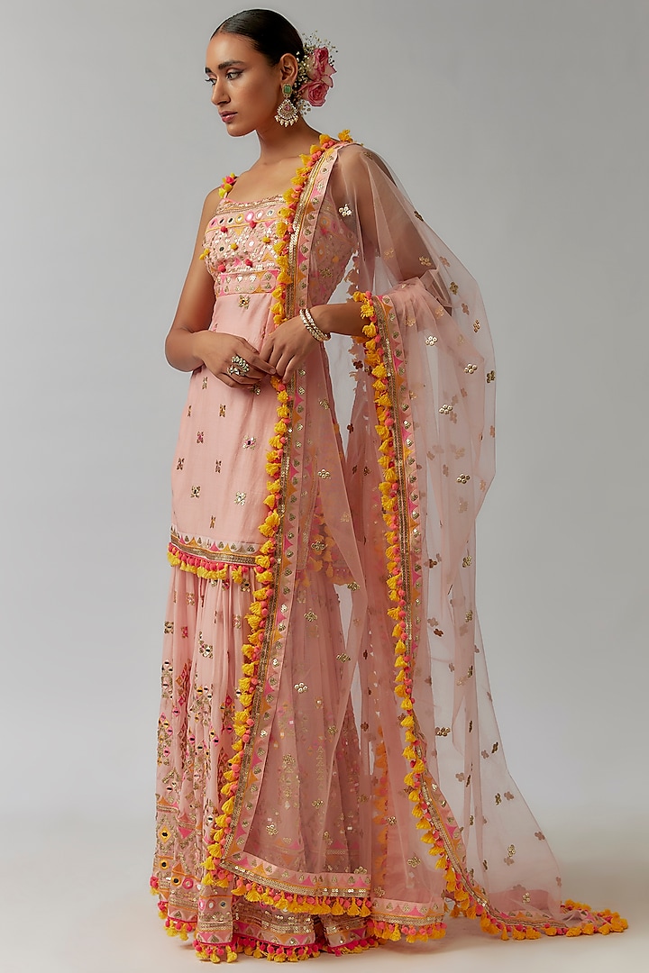 Pink Georgette Sequins Hand & Machine Embroidered Wedding Sharara Set by Gopi Vaid at Pernia's Pop Up Shop