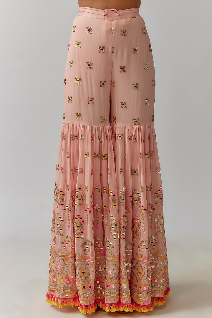 Pink Georgette Sequins Hand & Machine Embroidered Wedding Sharara Set by Gopi Vaid at Pernia's Pop Up Shop