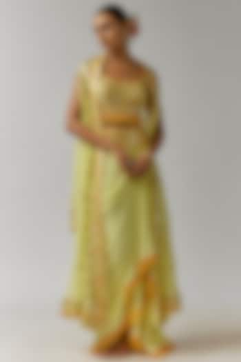 Yellow Crepe Tassels Embroidered Draped Skirt Set by Gopi Vaid at Pernia's Pop Up Shop