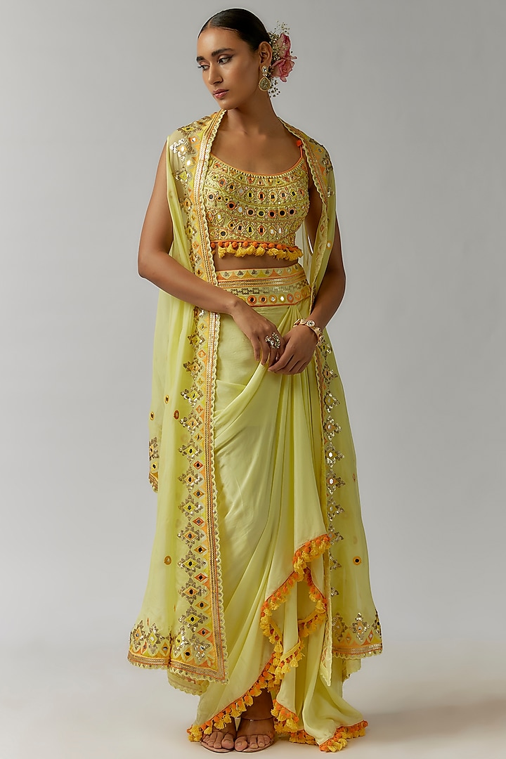 Yellow Crepe Tassels Embroidered Draped Skirt Set by Gopi Vaid at Pernia's Pop Up Shop