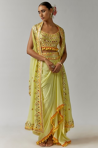 Yellow Crepe Tassels Embroidered Draped Skirt Set by Gopi Vaid