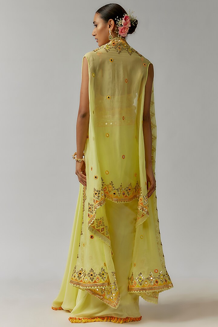 Yellow Crepe Tassels Embroidered Draped Skirt Set by Gopi Vaid at Pernia's Pop Up Shop