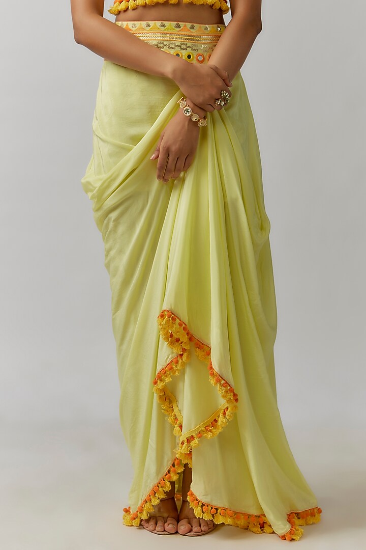 Yellow Crepe Tassels Embroidered Draped Skirt Set by Gopi Vaid at Pernia's Pop Up Shop