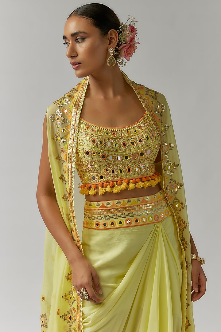 Yellow Crepe Tassels Embroidered Draped Skirt Set by Gopi Vaid at Pernia's Pop Up Shop